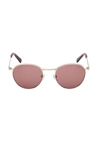 Okulary przeciwsłoneczne z owalnymi, ciemnoróżowymi soczewkami i cienkimi, złotymi metalowymi oprawkami. Brązowe plastikowe końcówki zauszników. Przezroczyste noski dla komfortu.