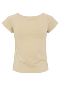 Beige Kurzarm-T-Shirt mit rundem Ausschnitt, aus weichem Stoff. Hat eine einfache, glatte Textur und eine lockere Passform.