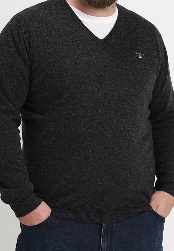 Homme portant un pull gris foncé à col en V par-dessus une chemise blanche, les mains dans les poches, torse visible, tenue décontractée.