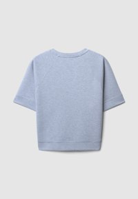 Sweatshirt en coton gris avec des manches raglan courtes, un col rond, un ourlet côtelé et une texture lisse ; la vue arrière montre un design simple sans motifs.
