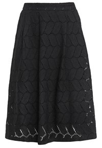 Zwarte A-lijn rok van kantmateriaal, met een herhaald ovaalpatroon en uitsnijdingen aan de zoom. Lengte tot halverwege de kuiten.