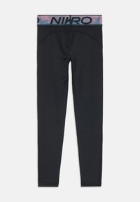 Leggings neri realizzati in tessuto elasticizzato, con una cintura a fantasia che presenta il logo "NIKE" e cuciture laterali per un tocco di dettaglio in più.