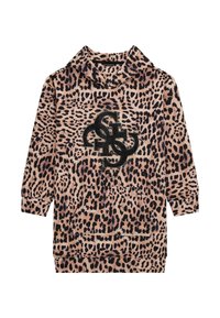 Bluza z kapturem w panterkę, z kapturem, czarną kieszenią z przodu oraz zdobionym logo. Miękka tkanina o swobodnym kroju.