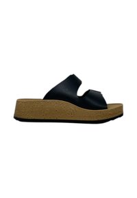 Infradito neri con due ampie fascette, sottopiede in stile sughero, suola beige testurizzata e forma arrotondata. Design leggero e informale.