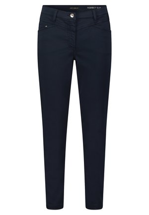 Navy blue slim-fit jeans made of soft, stretchy fabric. Features classic five-pocket design and subtle stitching detail on front pockets.
