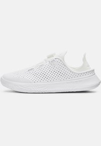 White athletic shoes with a perforated upper, a rounded toe, minimalistic design, and a textured sole. Features a secure lacing system.