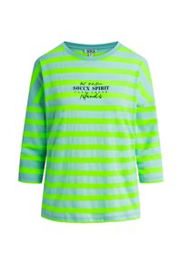 Green and light blue striped long-sleeve shirt, featuring a black printed logo. Soft cotton fabric with a relaxed fit.