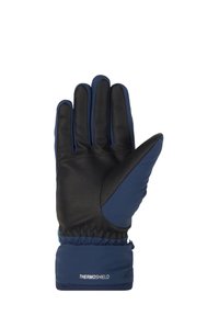 Guanti blu navy con palmo in pelle nera. Presentano un polsino elasticizzato per una vestibilità aderente e il marchio Thermoshield sul polso.