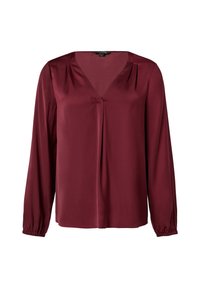 Blusa burdeos de satén suave, con escote en V y mangas largas con puños fruncidos, que presenta un corte relajado y detalles de pliegues.
