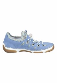 Chaussure décontractée bleu clair avec lacets élastiques blancs, doublure intérieure fleurie, côtés découpés et semelle en caoutchouc marron clair.
