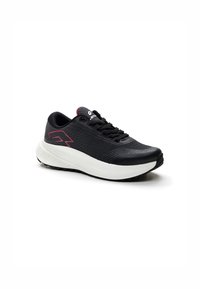 Black athletic shoe featuring a mesh upper, white midsole, and textured rubber outsole. Accented with a pink logo design on the side.
