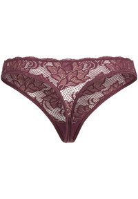 Bordeaux kanten thong met bloemmotieven, complexe details en een golvende rand. Zachte binnenkant met mesh zijkanten voor ademend vermogen.