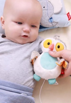 Baby lying down looking at a hand holding a plush owl toy with yellow eyes and blue feet near a pillow.