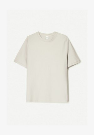 Világosszürke, rövid ujjú póló, puha pamutból készült, kerek nyakkivágással és laza szabással, minimalista dizájnnal és minták nélkül.