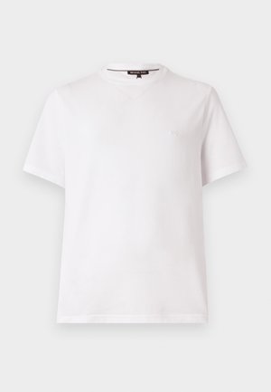 Vitt t-shirt med korta ärmar gjort av bomull, med rund halsringning och en liten logo "MK" broderad på vänster bröst. Slät yta.