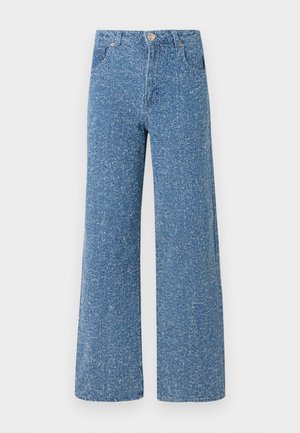 Blue denim wide-leg jeans with a speckled texture, featuring a front button closure, belt loops, and two front pockets.