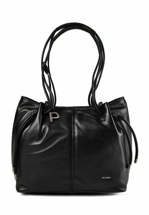 Sac fourre-tout en cuir noir avec doubles poignées, détails à cordon latéral et petit logo métallique de la marque à l'avant.