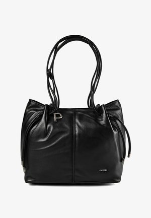 Bolso tote de cuero negro con doble asa, detalles laterales con cordón y un pequeño logo de la marca en metal en la parte frontal.