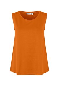 Ärmlös orange linne i mjukt tyg, med rundad halsringning och en avslappnad passform som fladdrar vid fållen.