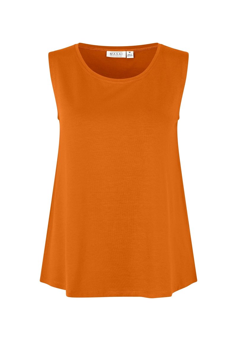 Ärmlös orange linne i mjukt tyg, med rundad halsringning och en avslappnad passform som fladdrar vid fållen.