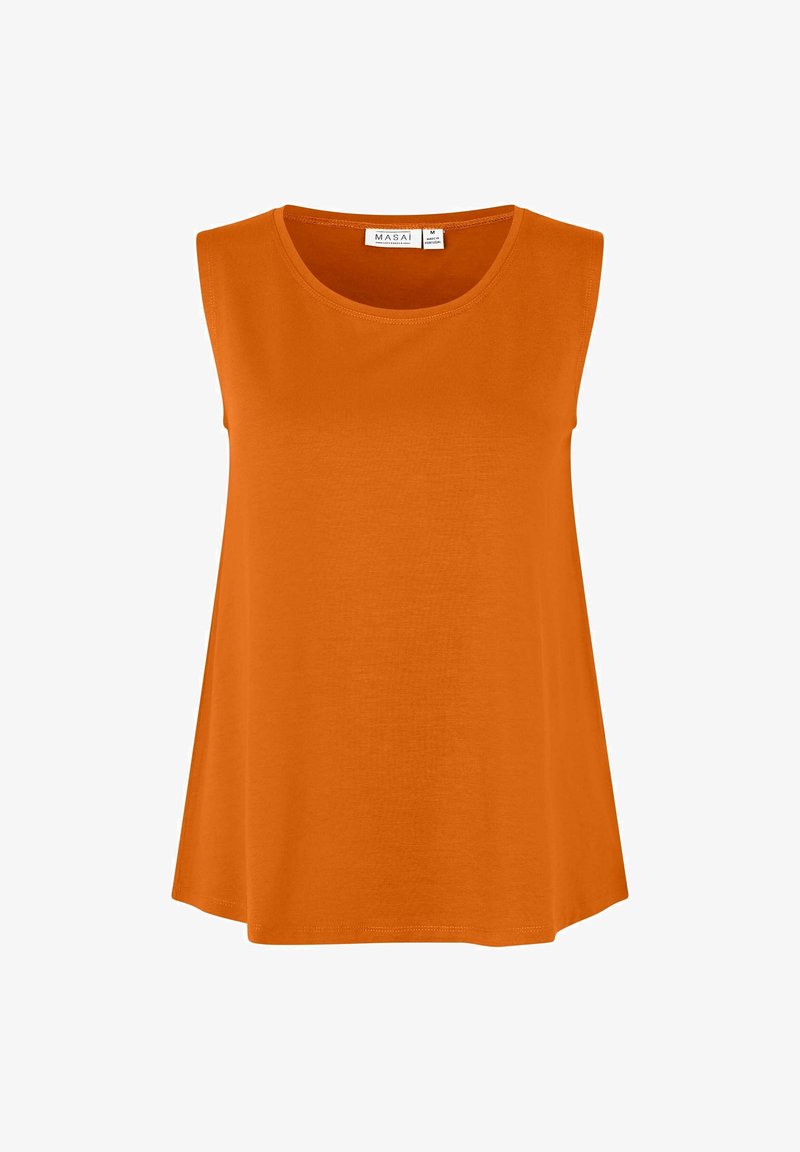 Ärmlös orange linne i mjukt tyg, med rundad halsringning och en avslappnad passform som fladdrar vid fållen.