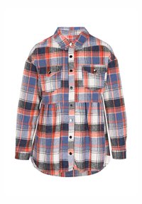 Red, blue, and white plaid flannel shirt with a button-up front, two chest pockets, long sleeves, and a gathered waistline.