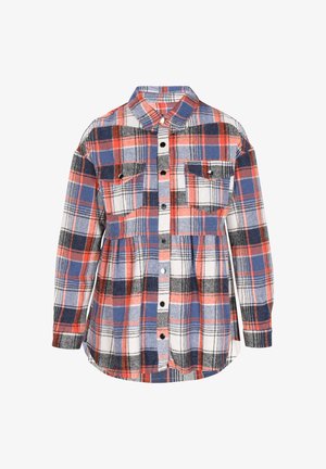 Camicia di flanella a quadri rossa, blu e bianca con abbottonatura frontale, due tasche sul petto, maniche lunghe e vita arricciata.