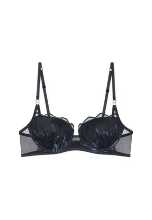 Zwarte kanten bh met beugel, met een bloemenpatroon en doorschijnende mesh zijkanten. Verstelbare bandjes met decoratieve hardwareaccenten.