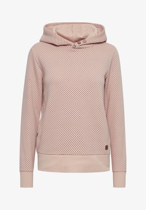 Růžová mikina s kapucí a puntíkovaným vzorem, obsahující klokaní kapsu, žebrované manžety a štítek na spodní levé straně.