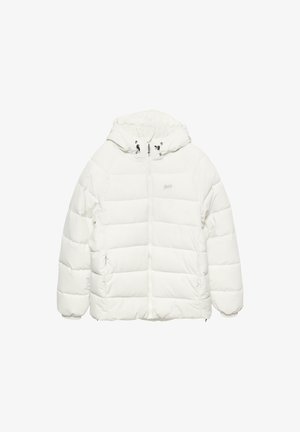 Witte pufferjack met capuchon, voorzien van gequilte panelen, elastische mouwen, twee voorzakken en een ritssluiting met trekkoorden.