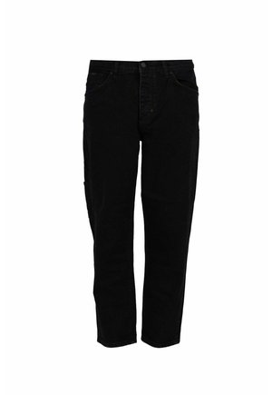 Sorte denimjeans med lige ben, fem-lomme design og frontknaplukning. Stoffet har en glat tekstur med minimal slid.