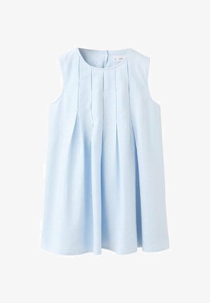 Rochie bleu deschis fără mâneci, cu decolteu rotund și pliuri verticale care se întind de la piept până la tiv, lungime până la genunchi.