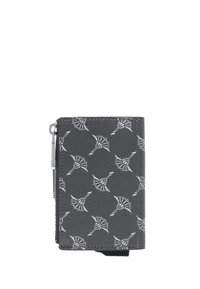 Billetera de cuero gris con un patrón blanco repetido, forma rectangular, cierre de cremallera y herrajes metálicos.