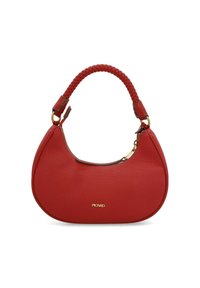 Red hobo bag with a textured exterior, braided handle, and gold hardware accents. Zipper closure, curved shape, and logo detail on the front.