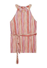 Blusa sin mangas hecha de una tela ligera con rayas verticales en rosa, naranja y crema. Incluye un lazo en la cintura para ajustar.