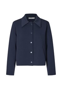 Granatowa, długosleeve'owa kurtka z szerokim kołnierzem i zapięciem na napy z przodu, zaprojektowana do noszenia w stylu casualowym lub półfomalnym.