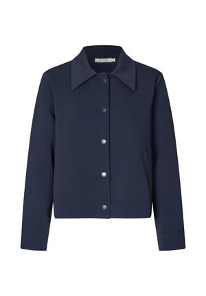 Dunkelblaues Langarmjackett mit weitem Kragen und Druckknöpfen vorne, entworfen für lässige oder semi-formelle Anlässe.