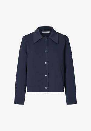 Navy blue long-sleeve jacket with wide collar and front snap buttons, designed for casual or semi-formal wear.