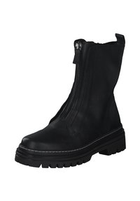 Stivaletto in pelle nera con zip laterale, suola spessa e dettagli in cucitura bianca. Texture liscia e costruzione robusta.