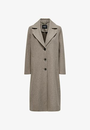 Langer, hellbrauner Wollmantel mit großen Revers, drei schwarzen Knöpfen, zwei Seitentaschen und gerader Silhouette.