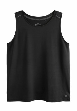 Camiseta deportiva sin mangas negra con escote redondo y detalles reflectantes sutiles en los hombros.
