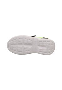White rubber sole with textured grip patterns; features a black upper with neon green accents and a Velcro strap.