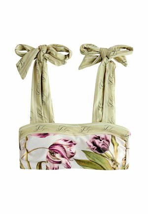 Lilleline lühike top roheliste õlapaeltega, mis on seotud kikilipsudeks, helerohelisel kangal on kursiivis kiri "Tulipa".