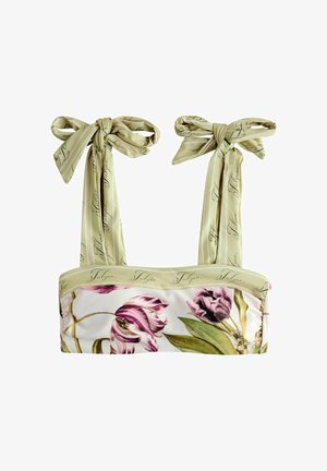 Lilleline lühike top roheliste õlapaeltega, mis on seotud kikilipsudeks, helerohelisel kangal on kursiivis kiri "Tulipa".