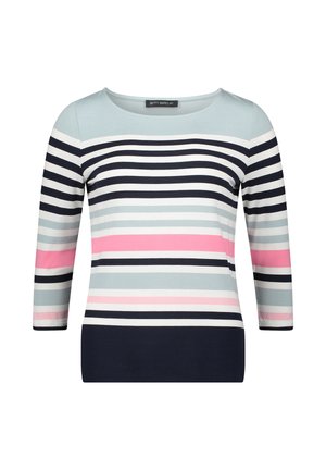 Pull à manches longues avec rayures horizontales en bleu marine, blanc, bleu clair et rose, avec un col rond et une coupe ajustée.