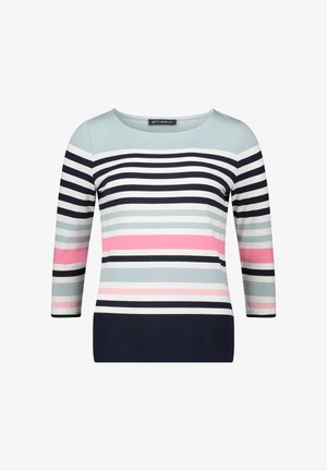 Pull à manches longues avec rayures horizontales en bleu marine, blanc, bleu clair et rose, avec un col rond et une coupe ajustée.