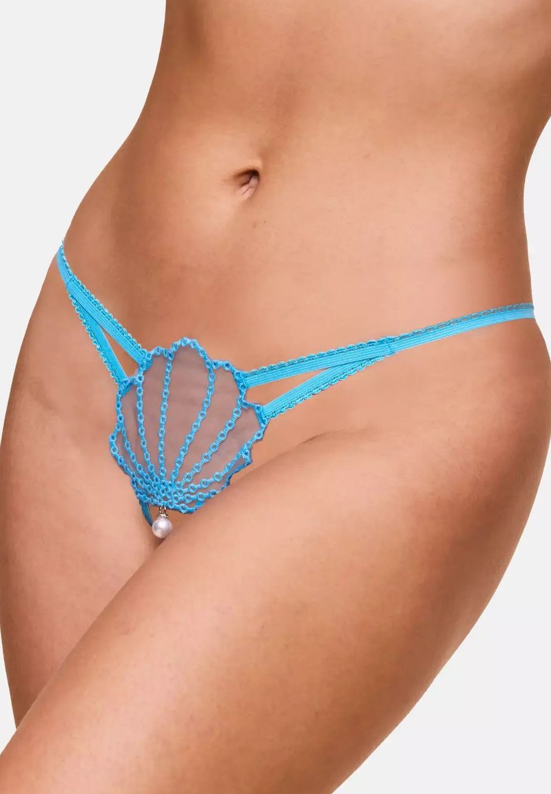 Blue lace thong with a shell design made of sheer material. Features pearl accent, thin side straps, and decorative stitching.
