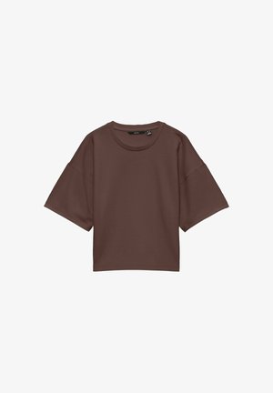 T-shirt court marron à manches courtes avec encolure ronde et coupe décontractée, présenté sur fond blanc.