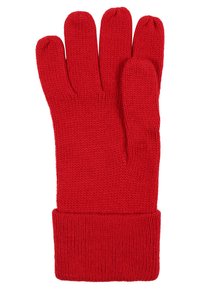 Rote gestrickte Handschuhe mit geripptem Bündchen; Design mit fünf Fingern, strukturierter Stoff, nahtlose Verarbeitung und mittlere Dicke für Wärme.