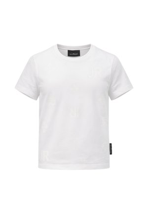 Maglietta bianca a maniche corte con scollo a girocollo, con sottili motivi floreali e lettere goffrate e una piccola etichetta laterale nera.